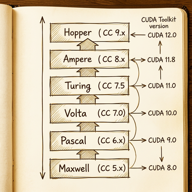 NVIDIA GPU architectures mapped to compute capability versions and minimum CUDA toolkit support