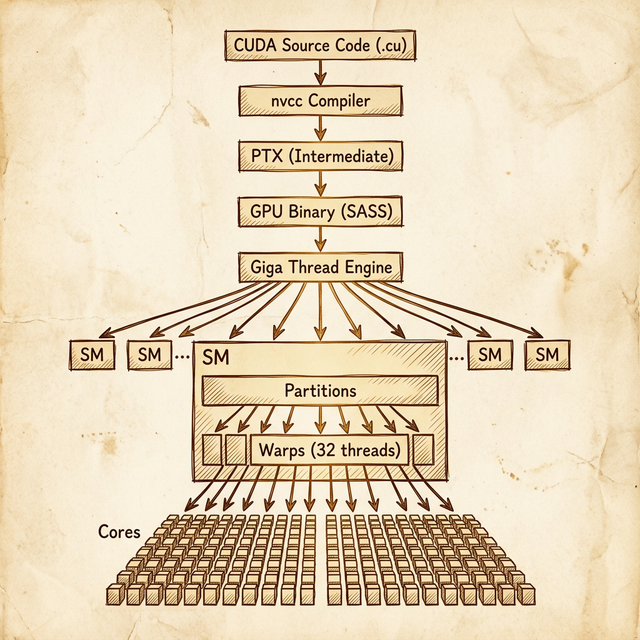 CUDA execution pipeline: source code through nvcc compiler to PTX to SASS binary, then through the Giga Thread Engine to SMs, partitions, warps, and individual cores
