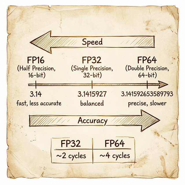 FP16 to FP64 precision spectrum: speed increases left, accuracy increases right, with Pi values and cycle counts