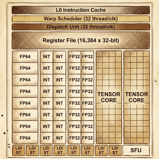 Single SM partition showing L0 instruction cache, warp scheduler, dispatch unit, register file, FP64/INT/FP32 compute units, tensor cores, LD/ST units, and SFU