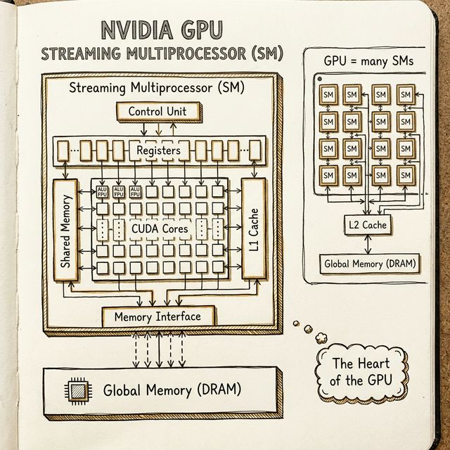 NVIDIA GPU Streaming Multiprocessor internals: Control Unit, Registers, CUDA Cores, Shared Memory, L1 Cache