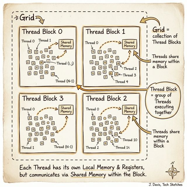 CUDA thread hierarchy: Grid contains Thread Blocks, each containing Threads that share memory